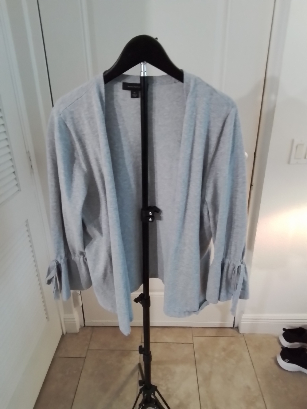Ann Taylor Light Gray Open-Front Cardigan with Tie-Sleeve Detail